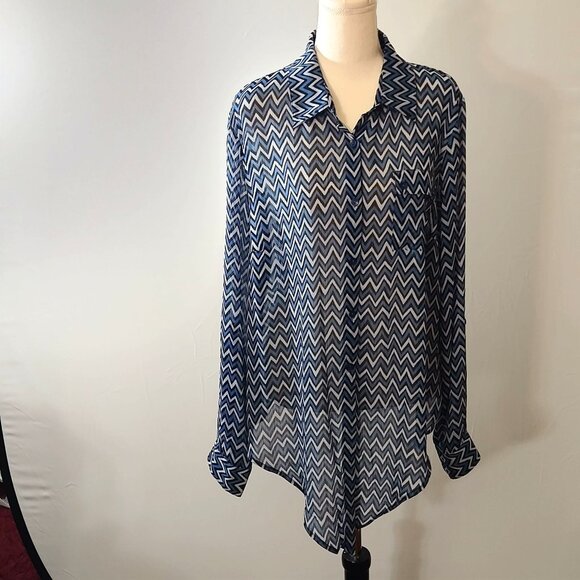 Chevron Zigzag Sheer Button-Up Blouse Blue & Black Long Sleeve XL New Directions - Picture 1 of 5